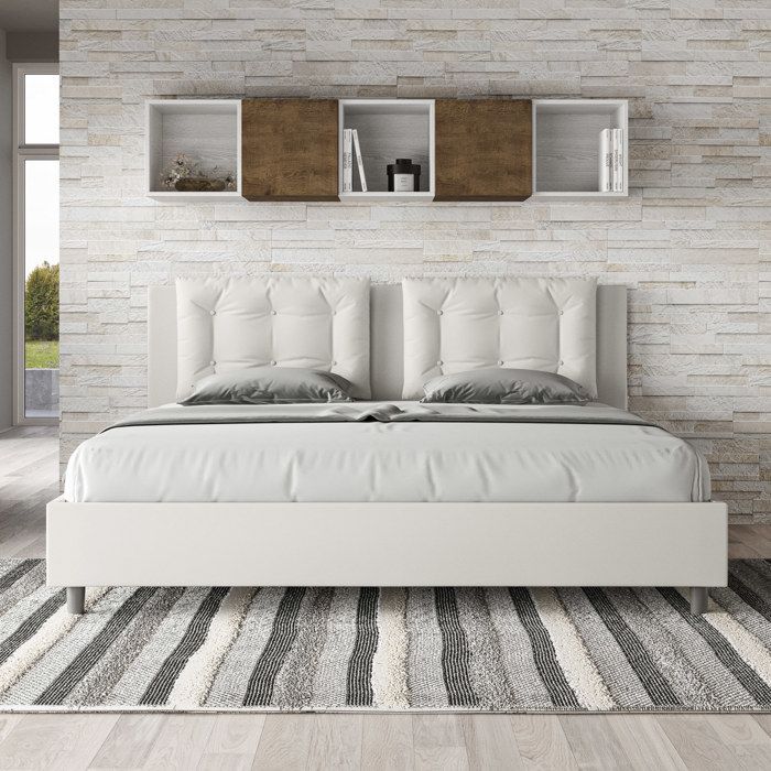 Cama king size com arrumação - Ityhome - Annalisa - Couro sintético branco - 200x210 cm - Arrumação integrada