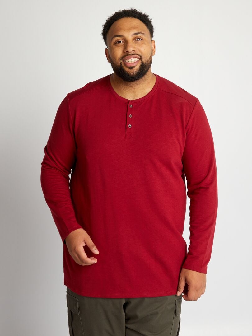 Camiseta de manga larga con cuello Henley - ROJA