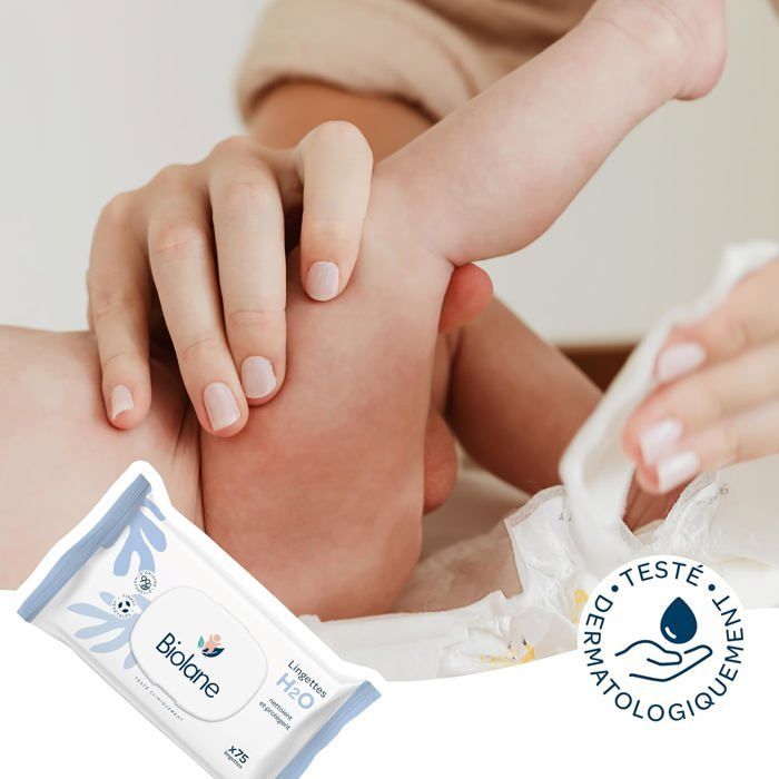 BIOLANE - Lingettes bébé à l'eau - 450 Lingettes - Lot de 6x75 - Nettoyage doux et efficace - Sans Rinçage