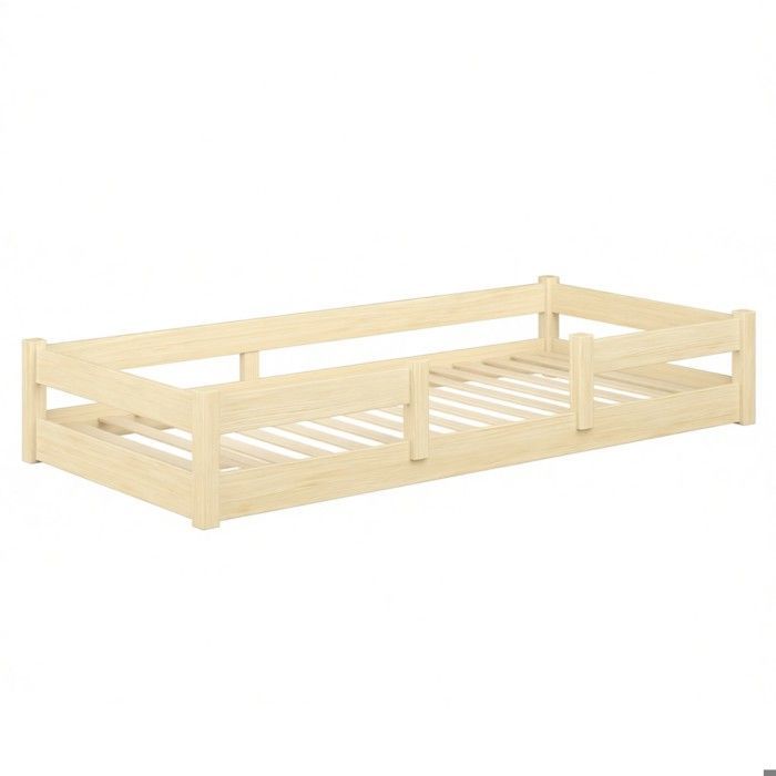Cama infantil LILA de 160x80 cm – Madera natural, barandillas de seguridad, estructura baja.