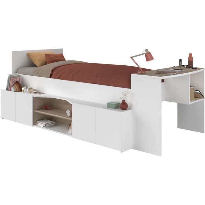 CLOE Children's Combination Bed with Storage and Desk - 90 x 200 cm - White and Oak Finish - PARISOT