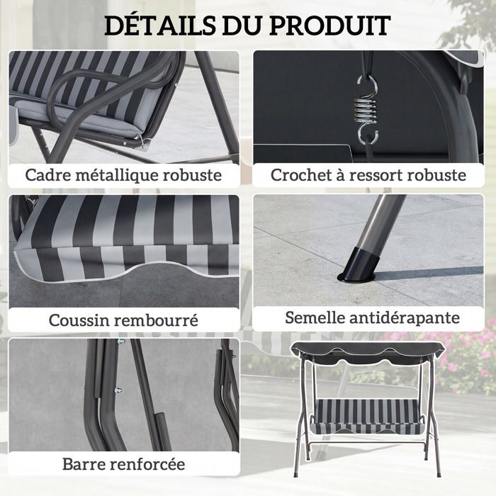 Columpio de jardín Outsunny - 3 plazas - Toldo impermeable - Inclinación ajustable - Cojines para asiento y respaldo - Rayas grises y blancas