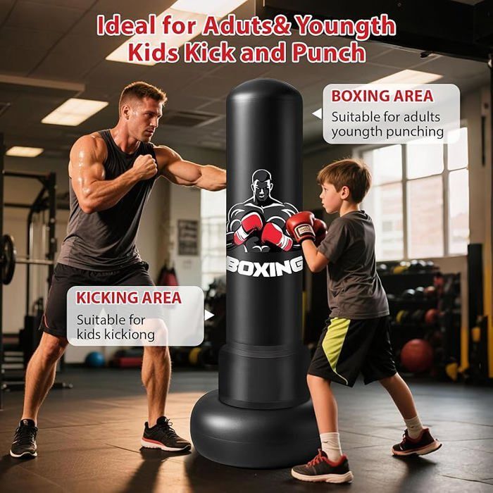 Sacco da boxe gonfiabile autoportante per adulti, completo di guantoni e pompa ad aria, 180 cm, ideale per l'allenamento.