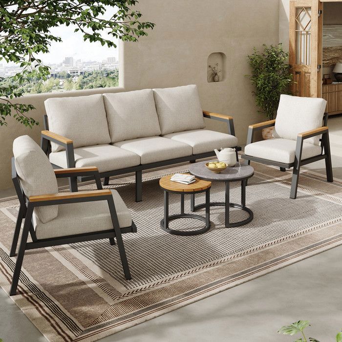 Garden furniture set - 3-seater sofa - 2 armchairs - 2 coffee tables - Marble-effect lacquered glass tabletop