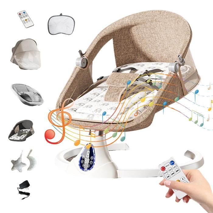 Babyschommel, 5 snelheden met Bluetooth-muziek, afstandsbediening en timer – Draagbare wipstoel voor pasgeborenen tot 15 kg – Bruin