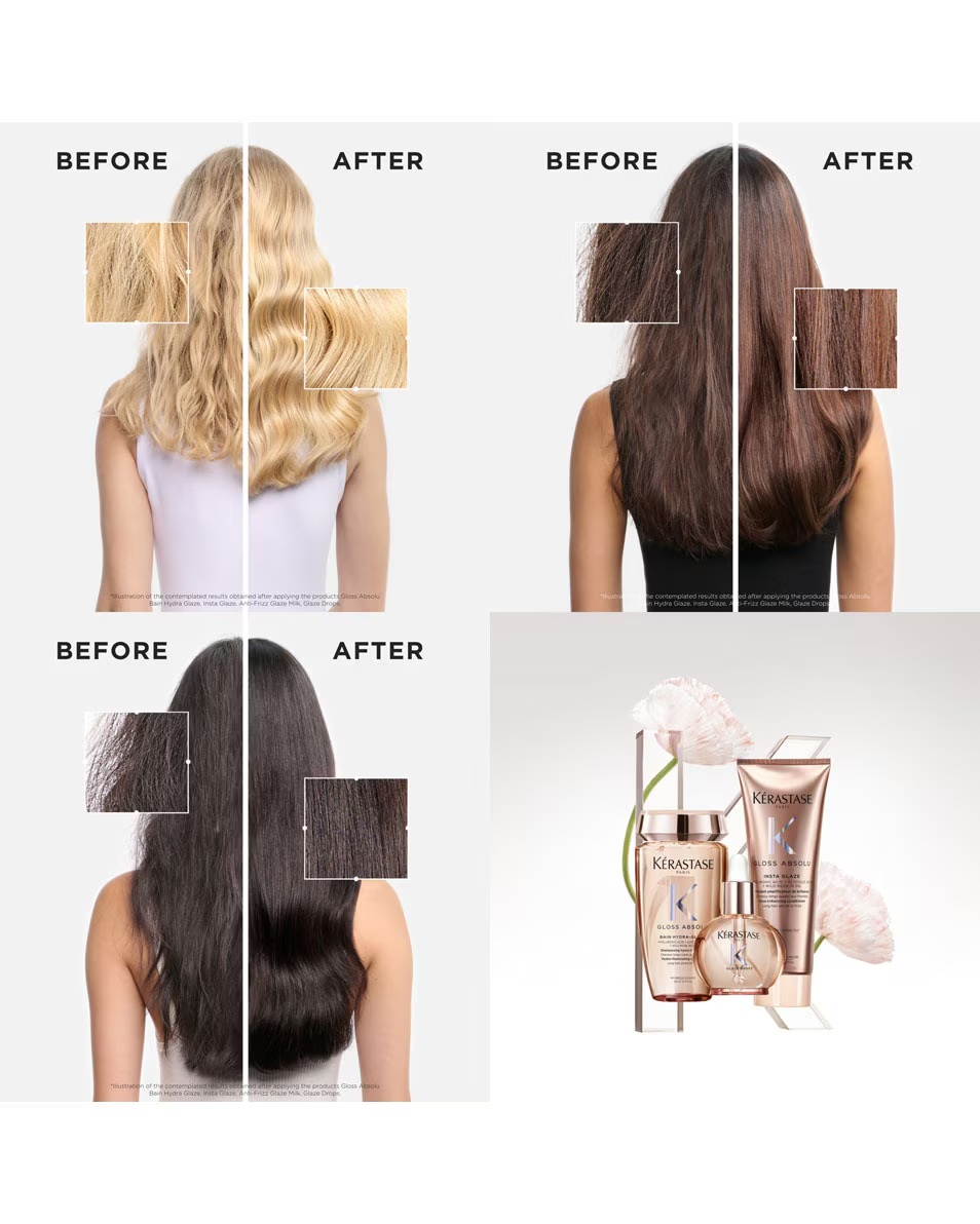 Spray hidratant cu clătire KÉRASTASE Gloss Absolu Anti-Frizz Glaze Milk, care protejează împotriva căldurii
