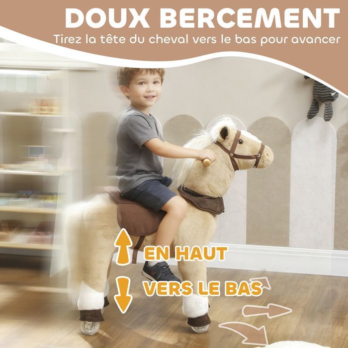 Cheval à bascule - animal à bascule - AIYAPLAY - sur roulettes, avec selle et harnais - peluche courte - 72 x 32 x 80 cm - marron