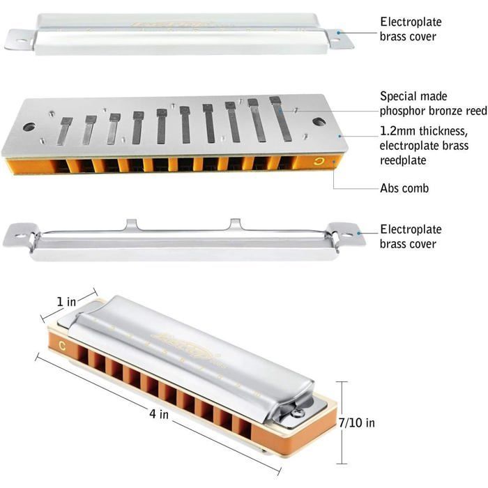 Harmonica diatonique en Do - ESTAMPILLE - 20 tons - Argenté - 10 trous - Bronze et ABS - Blues - 10,2x2,6x2 cm
