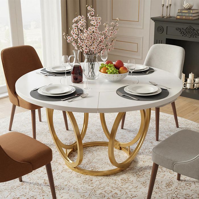 Mesa de comedor redonda, 120 × 75 cm, mesa de cocina blanca para 4 personas, patas de metal dorado, blanco y dorado.