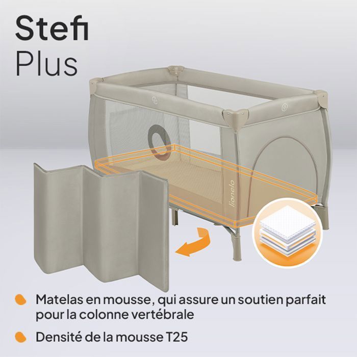 Cuna de viaje compacta 2 en 1 LIONELO Stefi Plus - Parque infantil - Colchón de espuma T25 - 0-36 meses - Plegado rápido - 2 ruedas - Beige