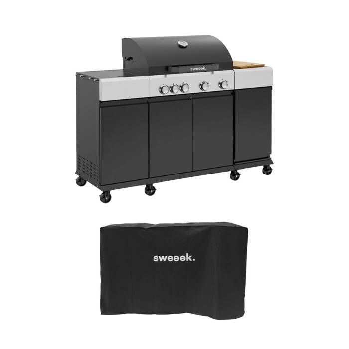 Barbacoa de gas de 4 quemadores + 1 quemador lateral, cocina exterior con estantes, termómetro y funda MAXIM.