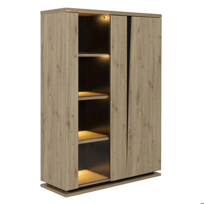 La collezione Split comprende mobili moderni per il soggiorno con una calda finitura in rovere artigianale. Le crepe visibili nel