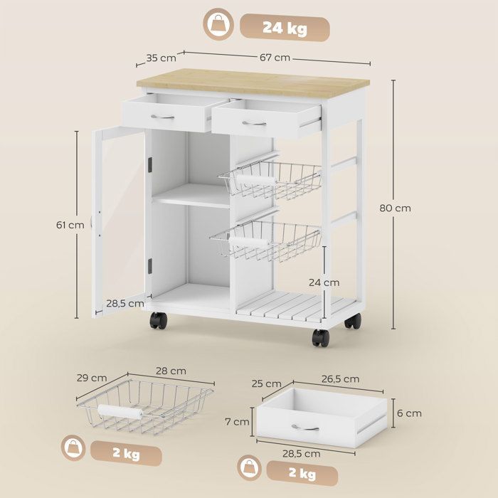 Desserte de cuisine - HOMCOM - sur roulettes - plateau en bambou, porte vitrée, 2 paniers et 2 tiroirs - MDF - 67x35x80cm - blanc
