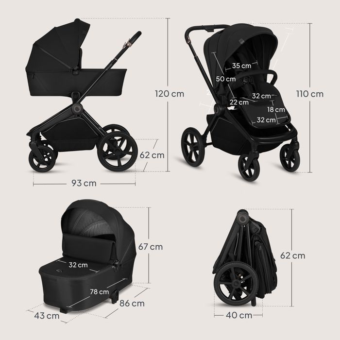 LIONELO Freya 2-in-1 Travel System - Carrycot - One-click folding - Accessories - Up to 22 kg - Black