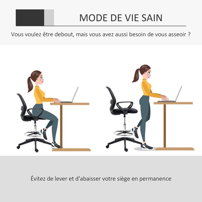 Office chair - Vinsetto - adjustable high seat - dimensions 59.5L x 60W x 102.5-126H cm - 360° swivel - breathable mesh - black