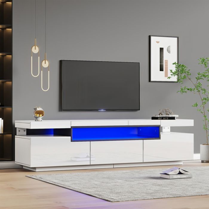 Elegante mueble para TV lacado de alto brillo con iluminación LED, 3 cajones, color blanco, mueble para salón, 160 x 39 x 42 cm