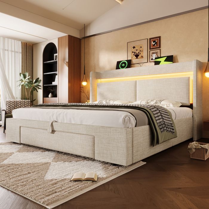 Opbergbed 180x200 cm - Gestoffeerd tweepersoonsbed met ledverlichting en USB-aansluiting, opbergvak, matras niet inbegrepen, beige linnen