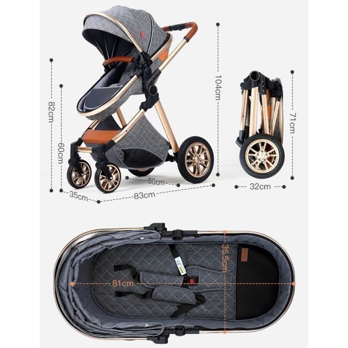 Poussette 3 en 1 Bébé Combinée Siège-Auto Nacelle Haute Trio Réversible Réglable Haute Qualité Roues increvables Canne Gris