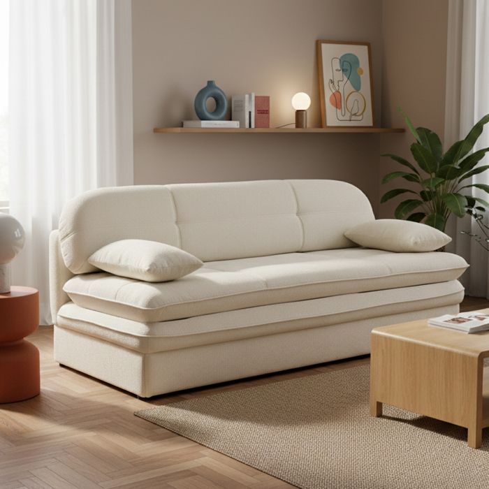 Sofá convertible de 3 plazas CILA en tela beige.