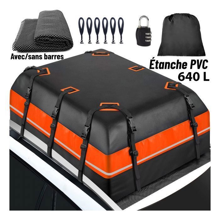 Coffre de Toit - 640L - Sac de Toit Voiture Étanche PVC 130*104*45 cm,10 Sangles 6 Crochets de Porte,Tapis,Serrure