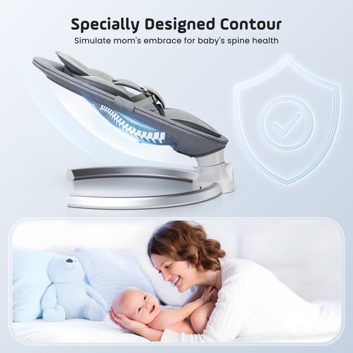Sdraietta elettrica per neonati, controllabile tramite app e telecomando, adatta dalla nascita fino a 9 kg, con sistema di imbracatura a 5 punti migliorato.