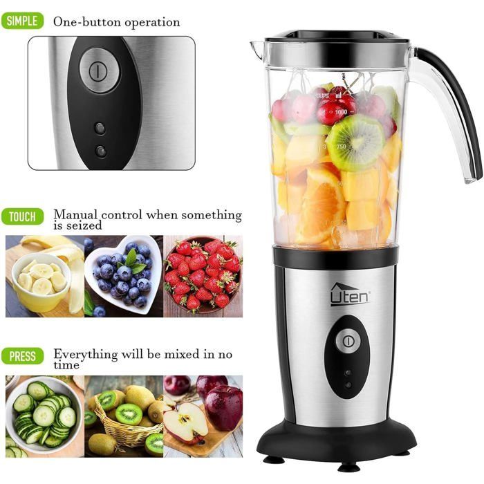 UTEN 1.25L Smoothie Blender, Multifunctional Blender with 2 Stainless Steel Blades for Fruit and Vegetable Juices