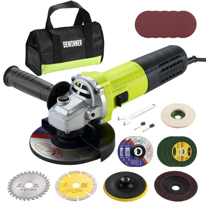 Meuleuse d'angle - DEWINNER - 125 mm 1000 W (2000–12 000 tr/min) - Tête en alliage d'aluminium - 20 accessoires