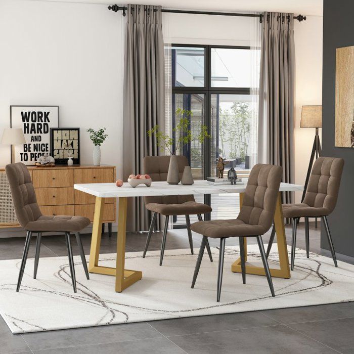 Table à Manger avec 4 chaises, Set Table et Chaise Cuisine Salon Moderne, chaises en velours marron, pieds de table dorés