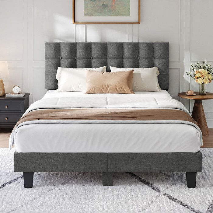 Letto HavenlyHome 140x190 cm, letto imbottito, testiera in lino, letto matrimoniale con rete a doghe, letto per 2 persone, grigio