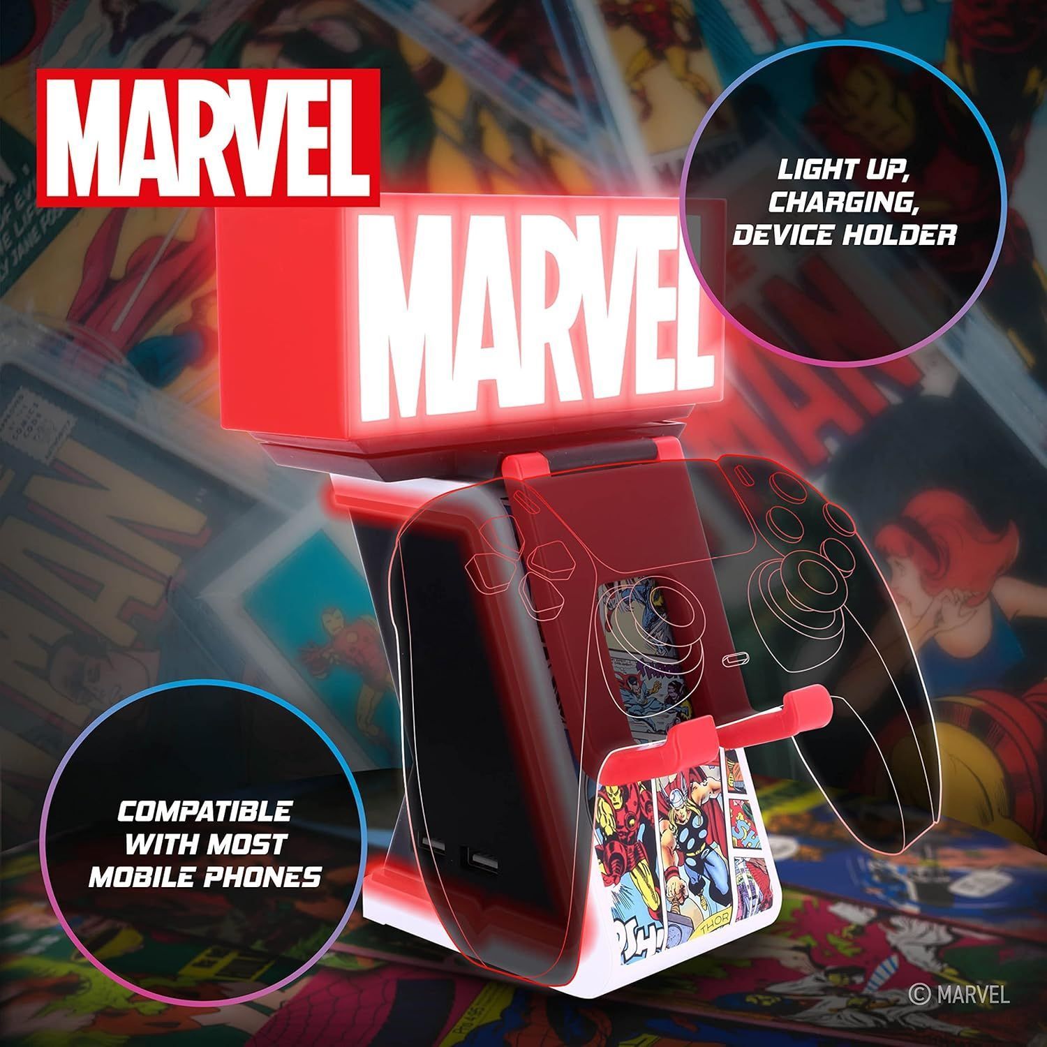 Marvel Ikon Light Logo Figur – EXQUISITE GAMING – Cable Guys – Halterung für Kopfhörer, Smartphone oder kleines Zubehör – 25 cm