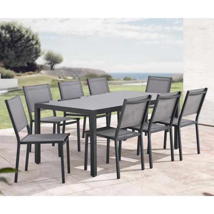 Conjunto de comedor de jardín: mesa de 180 cm + 8 sillas - Estructura de aluminio - Tablero de cristal templado - Gris
