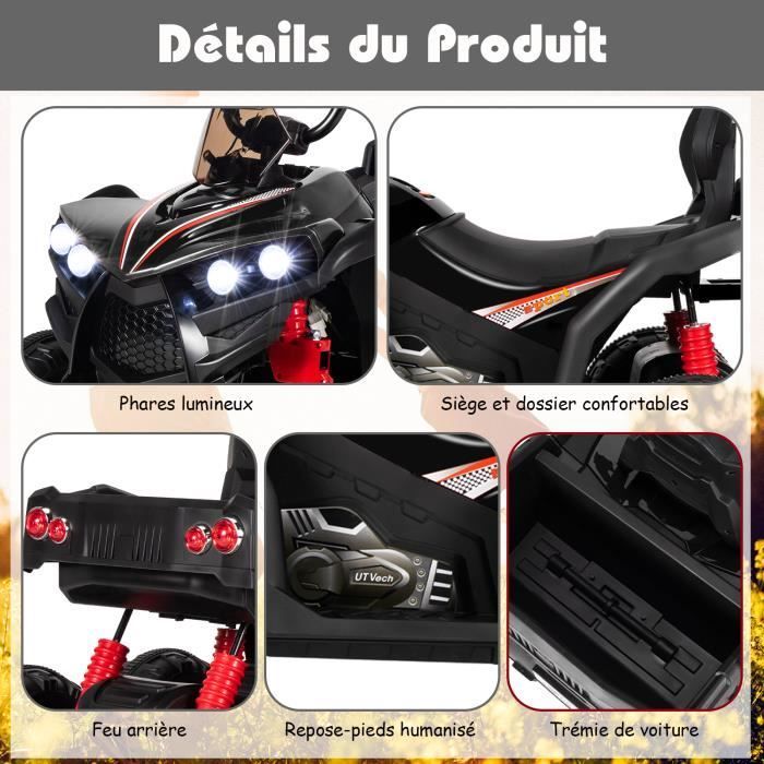 Quad eléctrico DREAMADE de 12 V para niños con luces LED, música, 6 ruedas antideslizantes, capacidad de carga de 30 kg - Negro