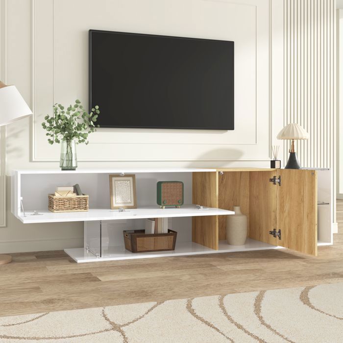 Mobile porta TV moderno - LEMONBEST - 180x38x48 cm - Bianco lucido - 2 ante - Ripiani in vetro temperato