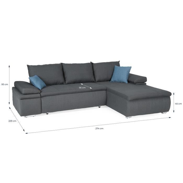 Sofá cama esquinero reversible CELINA, 3 plazas + cajonera con almacenamiento - Tela gris - 274 x 184 cm (ancho x profundidad)