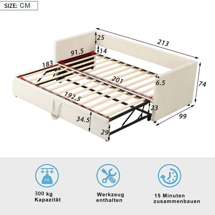 Uitschuifbare 2-zits slaapbank (90/180x200cm), beige fluweel, stevig FSC-gecertificeerd houten frame, ruimtebesparend, modern design