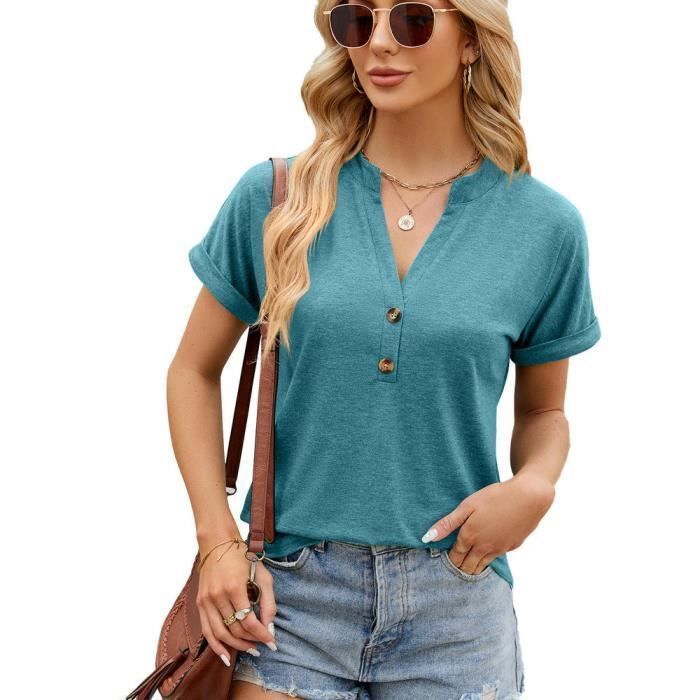 T-Shirt Femme Col En V Avec Boutons Manches Courtes Couleur Unie Tee Shirt Lache Ete Tissu Confortable - Taille EU - Bleu Paon