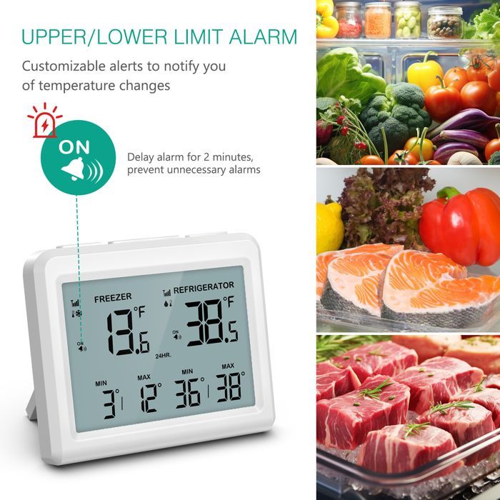 Thermomètre de Frigo Congélateur, Thermomètre de Réfrigérateur Sans Fil avec 2 Capteurs, Alarme Sonore, Min/Max
