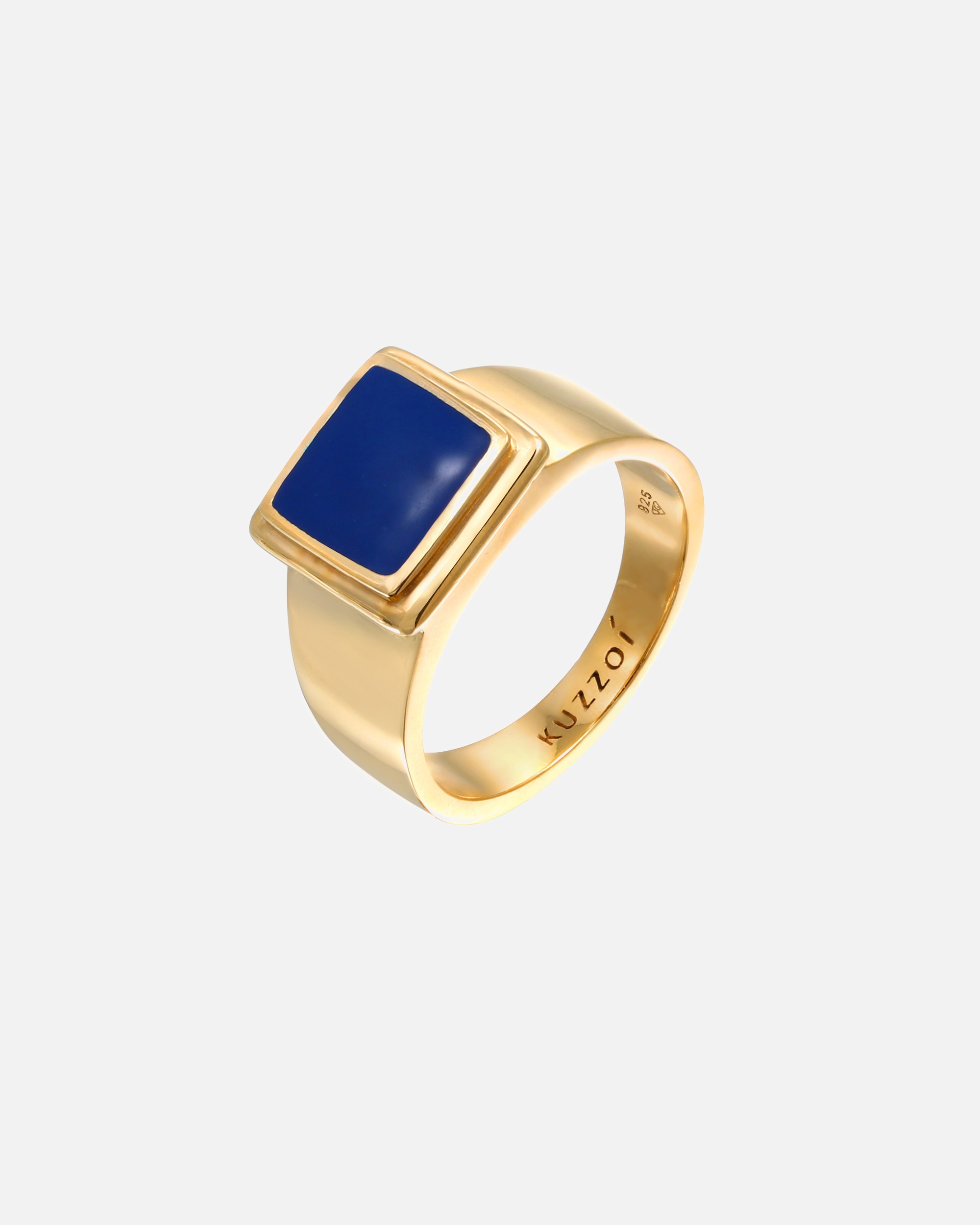 KUZZOI Bague Signet Homme Carré Bleu avec émail en argent 925 plaqué or