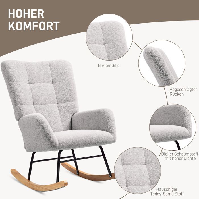 Homcom rocking chair, rocking chair with armrests, Teddy Velvet look, relaxing chair with wooden slide.