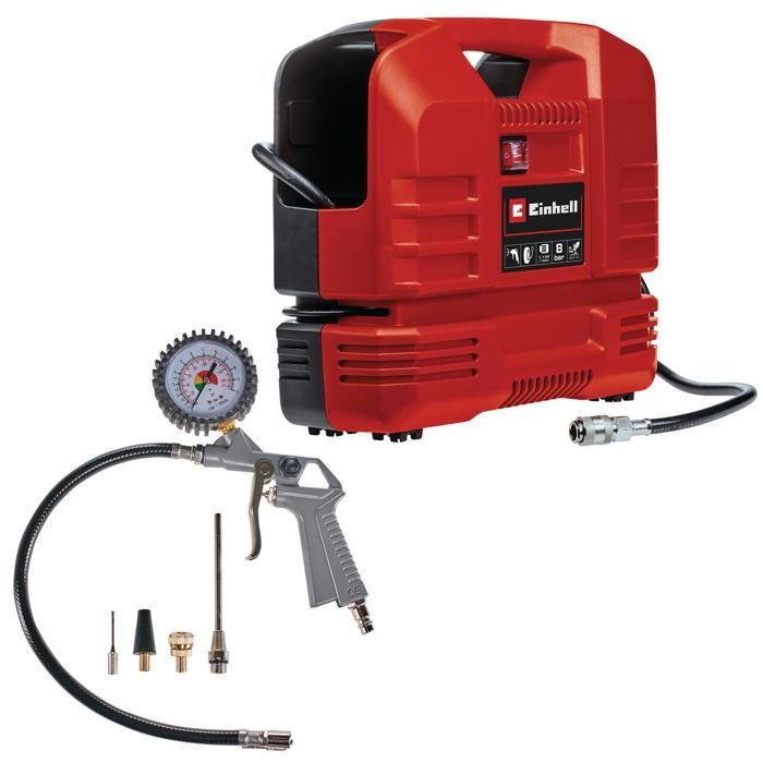 Einhell TC-AC 190 OF Set Tankless Air Compressor (1100 W, 8 bar max) with pressure gauge and 3 adapters