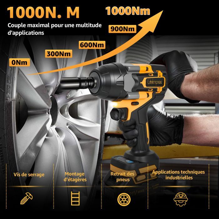 Llave de impacto inalámbrica LIFEIMPREE MLW003 - 1000 Nm - Motor sin escobillas - 2 baterías de 2 Ah