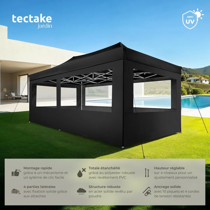 Pavillon de jardin - TECTAKE - Tonnelle VIOLA en aluminium pliante et réglable 6 x 3 m avec 4 protections latérales - Noir