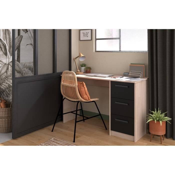 PARISOT Recht bureau met 3 lades - Eiken/Zwarte afwerking - B 121,4 x D 55 x H 74,5 cm - ESSENTIAL