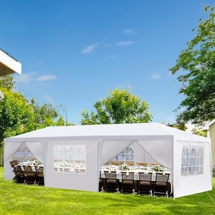Carpa tipo cenador FCH de 3x9 m con ventanas, carpa de jardín, protección contra el sol y la lluvia, blanca, 8 piezas de tela.