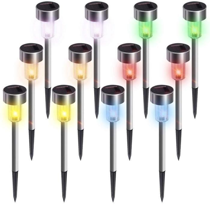Bunte Solar-Gartenleuchten für den Außenbereich, kabellose LED-Leuchten aus Edelstahl, 12 Stück, 4,5 x 29,5 cm