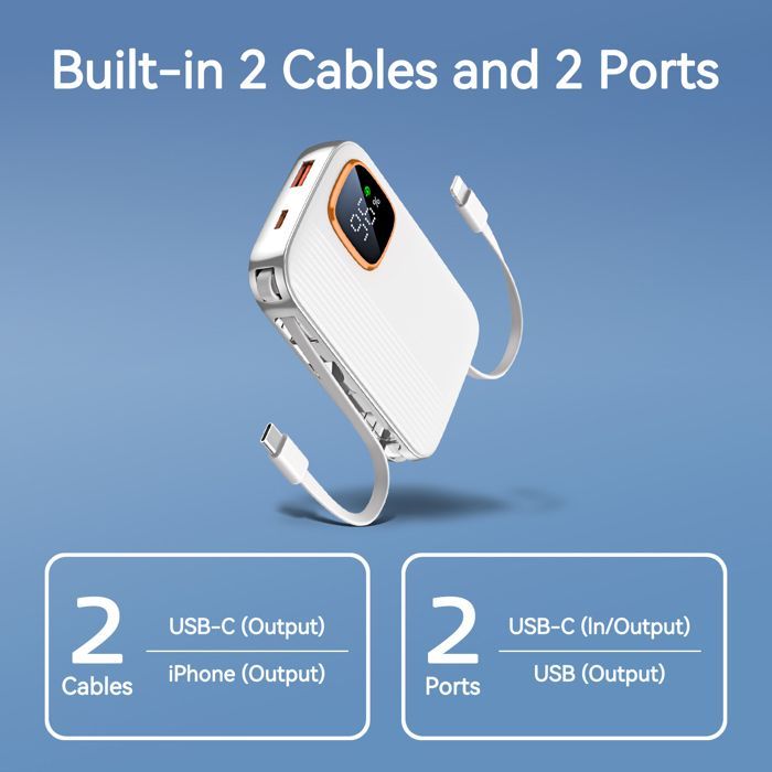 Externe batterij met 2 kabels, 22,5W 10000mAh powerbank wit, PD3.0 QC4.0 snelladen, compatibel met iPhone, Samsung en HUAWEI