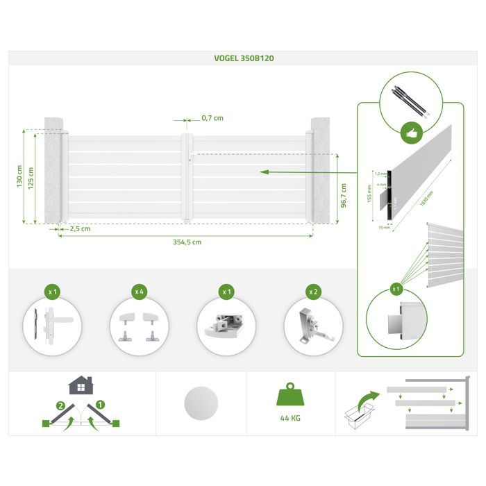 Puerta batiente - Casanoov - VOGEL - 3,5 m de alto (125 cm) - Blanca - Aluminio