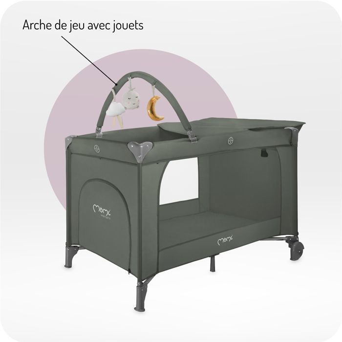 MoMi BELOVE PLUS - Baby travel cot with mattress, play arch, changing table + bag - 2 sleeping levels - 15 kg - Green