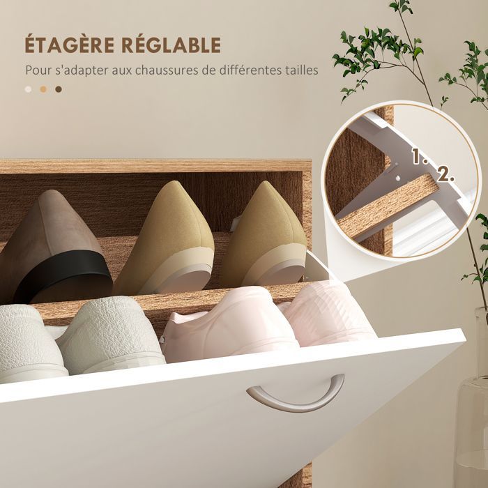 Hallway unit with coat rack panel, mirror and shoe bench - 6 hooks and adjustable shelf