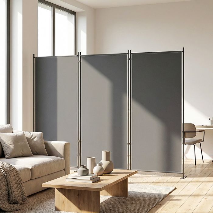 Mampara de jardín - pantalla de privacidad exterior - Outsunny - 3 paneles, opaca, patas metálicas estables, protección UV - 260x180cm - gris oscuro